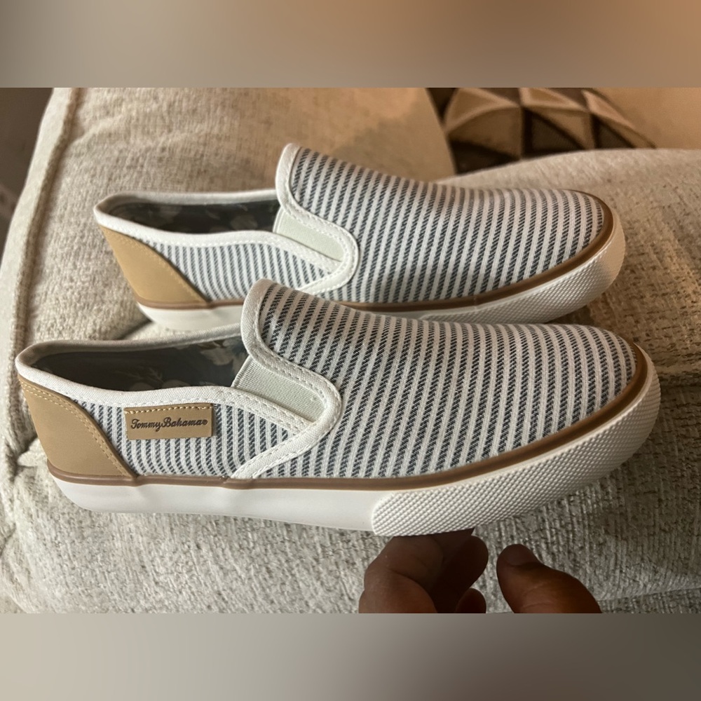 Blue striped slip on flats